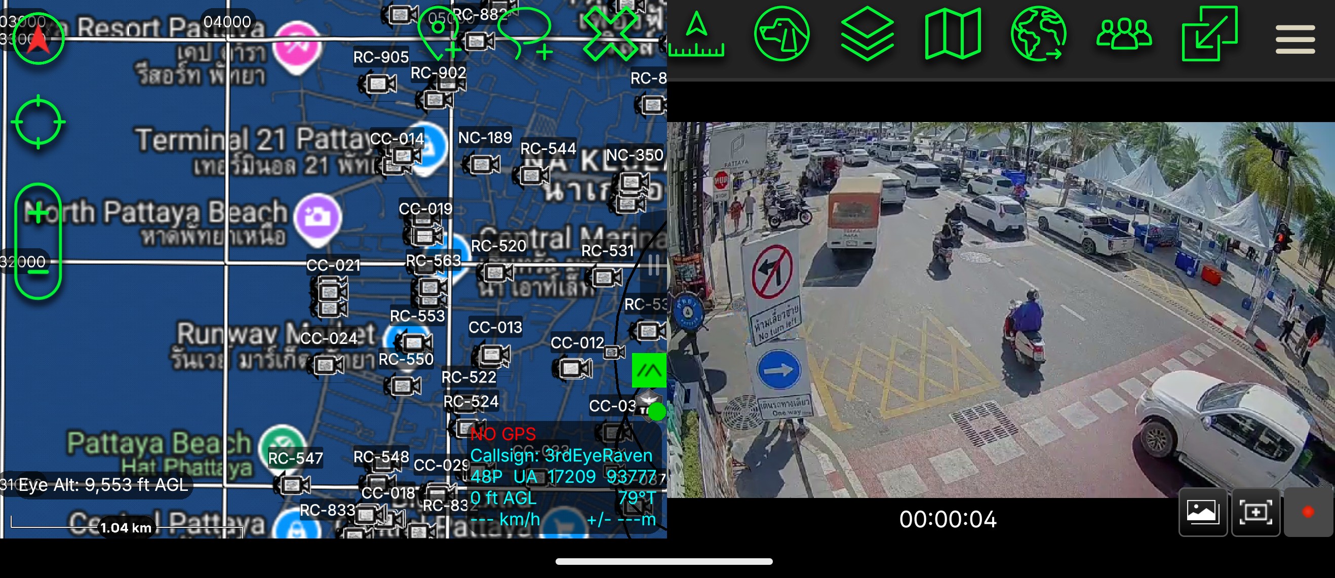 ATAK screen showing split view of tactical map and live video feed